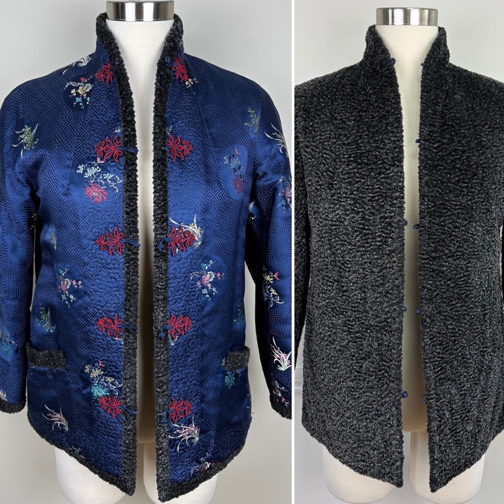 Vintage Reversible Asian Jacket Brocade Pankou Closure Pockets Floral Embroidery
